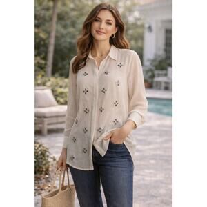 Chico’s Floral Beaded Semi-Sheer Blouse Whimsical Fairycore Longline Medium